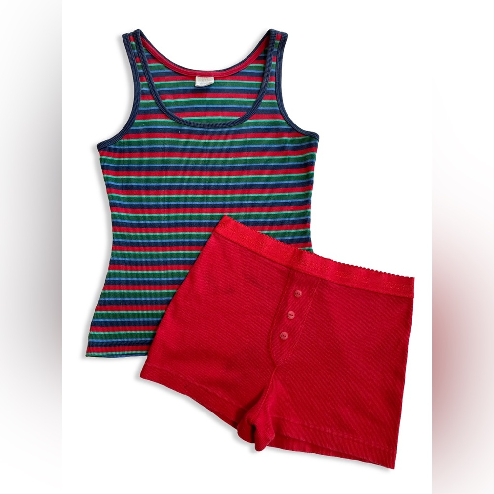 Vintage 90s Victoria's Secret Striped Tank Shorts Pajama Set Ribbed Cotton XS